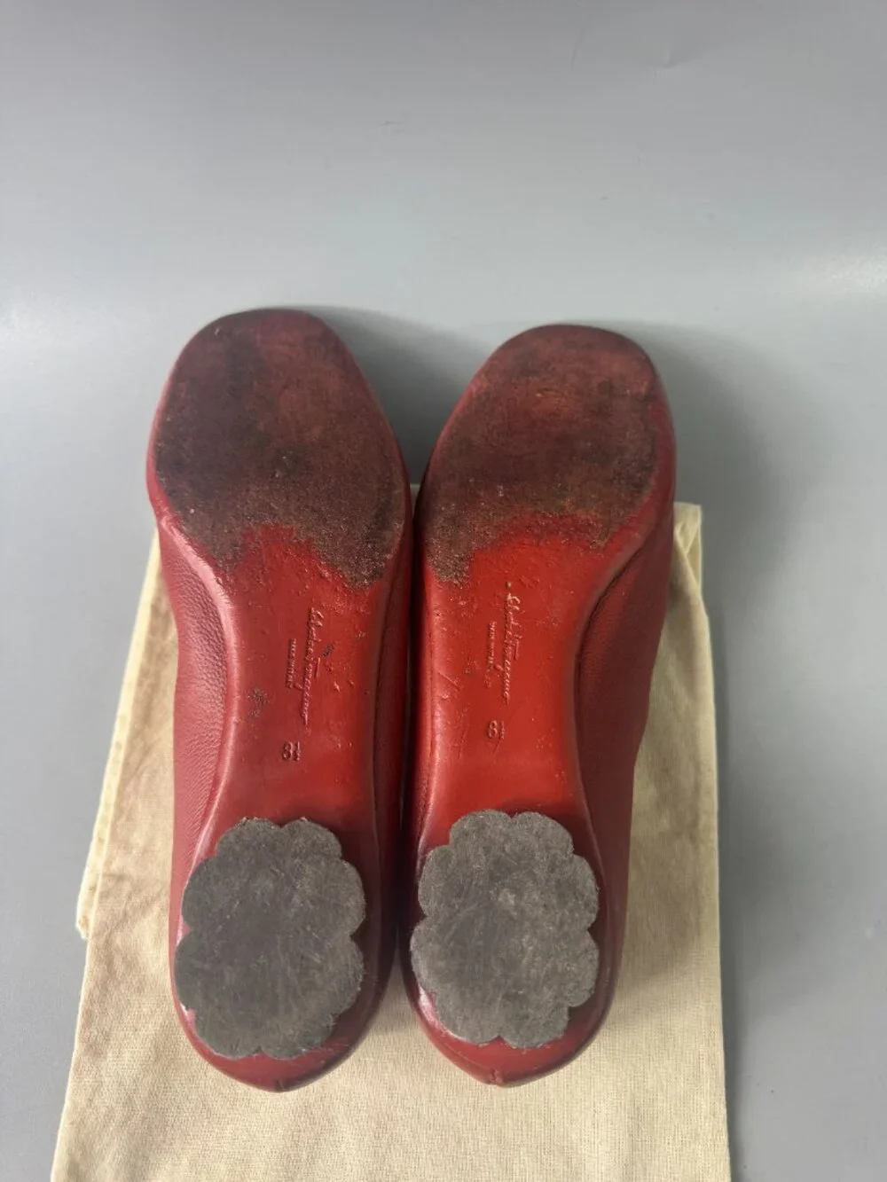 Salvatore Ferragamo Red Leather Hausen Bow-detail Flat Pumps, Size 8.5